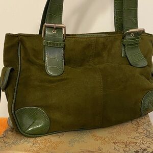 Olive Green Suede Tote Handbag, minimal wear